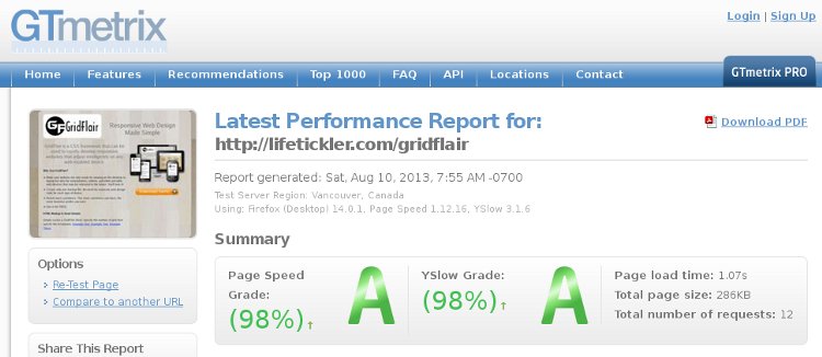 Gridflair homepage pageload performance result