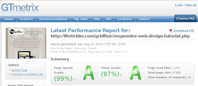 Gridflair tutorial pageload performance result