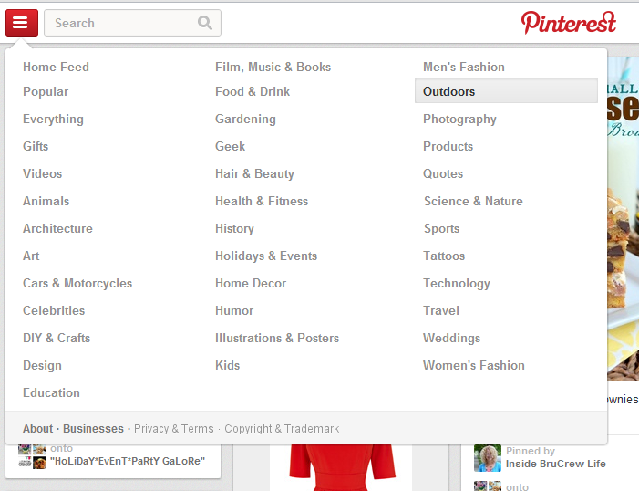 Pinterest's drop down menu of categories to choose from
